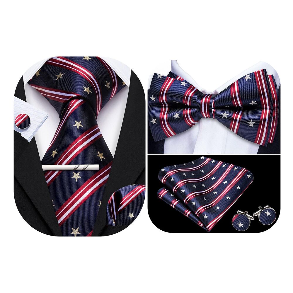 8682 American Flag Tie and Bow Tie USA Flag Silk Pocket Square Cufflinks